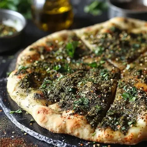 A freshly baked pizza topped with herbs, olive oil, and sliced eggplants.