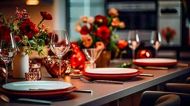 A beautifully set dining table with red and white plates, clear wine glasses, and floral centerpieces with red and orange flowers.