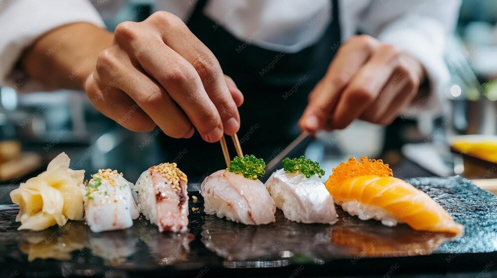 Chef preparing sushi on a black plate, using chopsticks, with different types of sushi including salmon, fish, and garnishes.