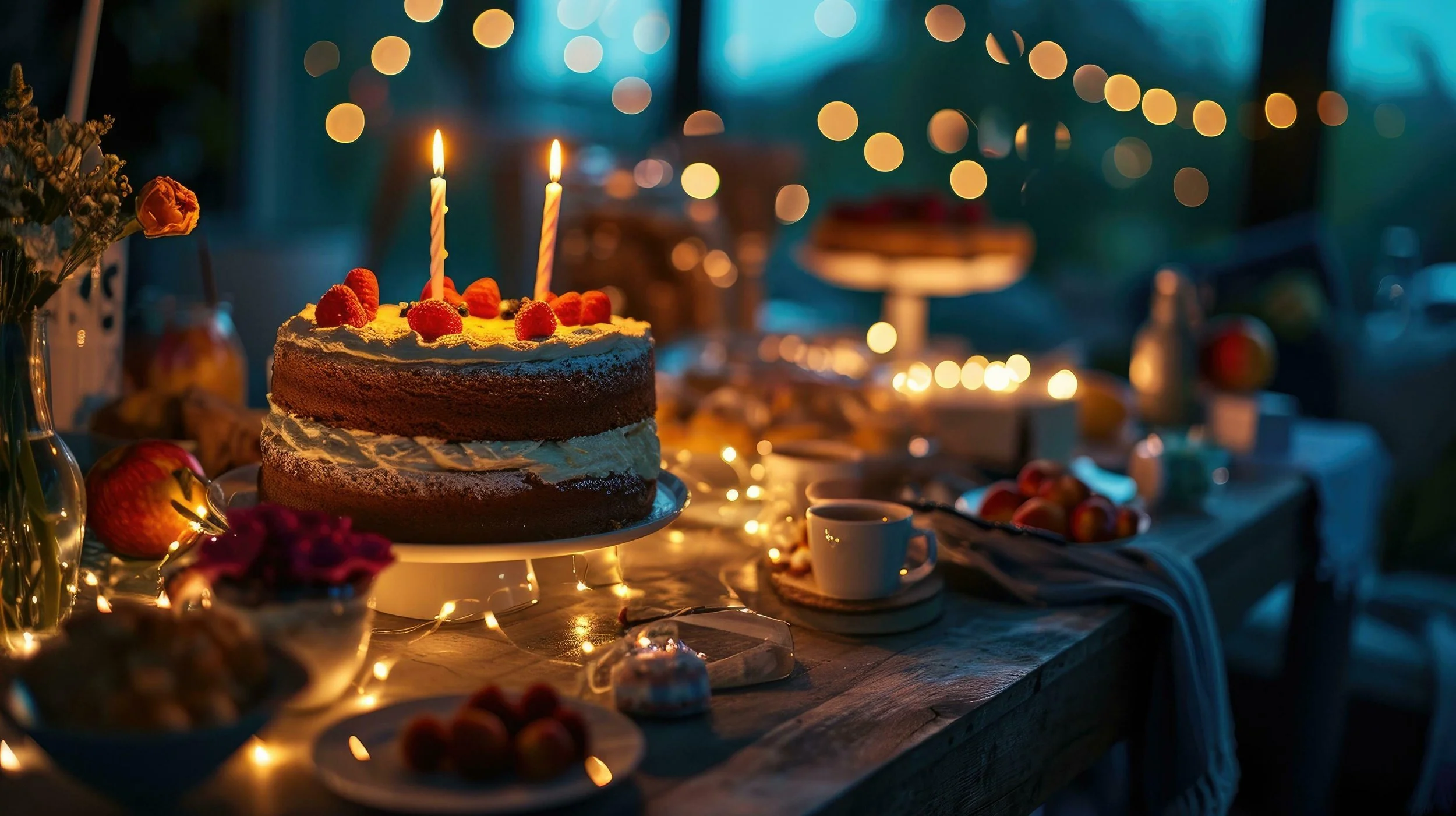 A birthday cake with two lit candles, decorated with strawberries and blueberries, on a table with various desserts and plants, illuminated by string lights in a cozy indoor or outdoor setting.