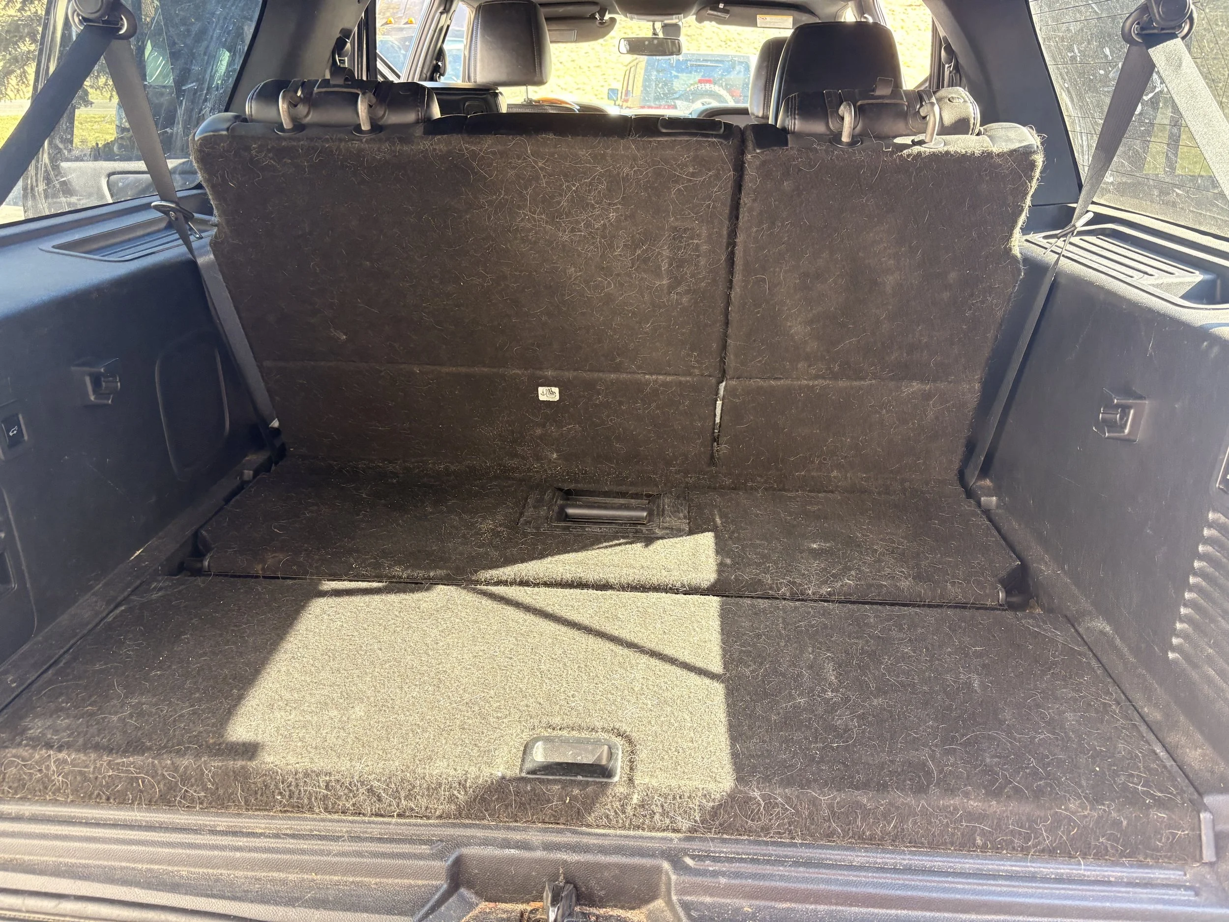 The open trunk of a black SUV showing the cargo space with a black carpeted floor and the back of the folded third-row seats, with some dust and pet hair present.