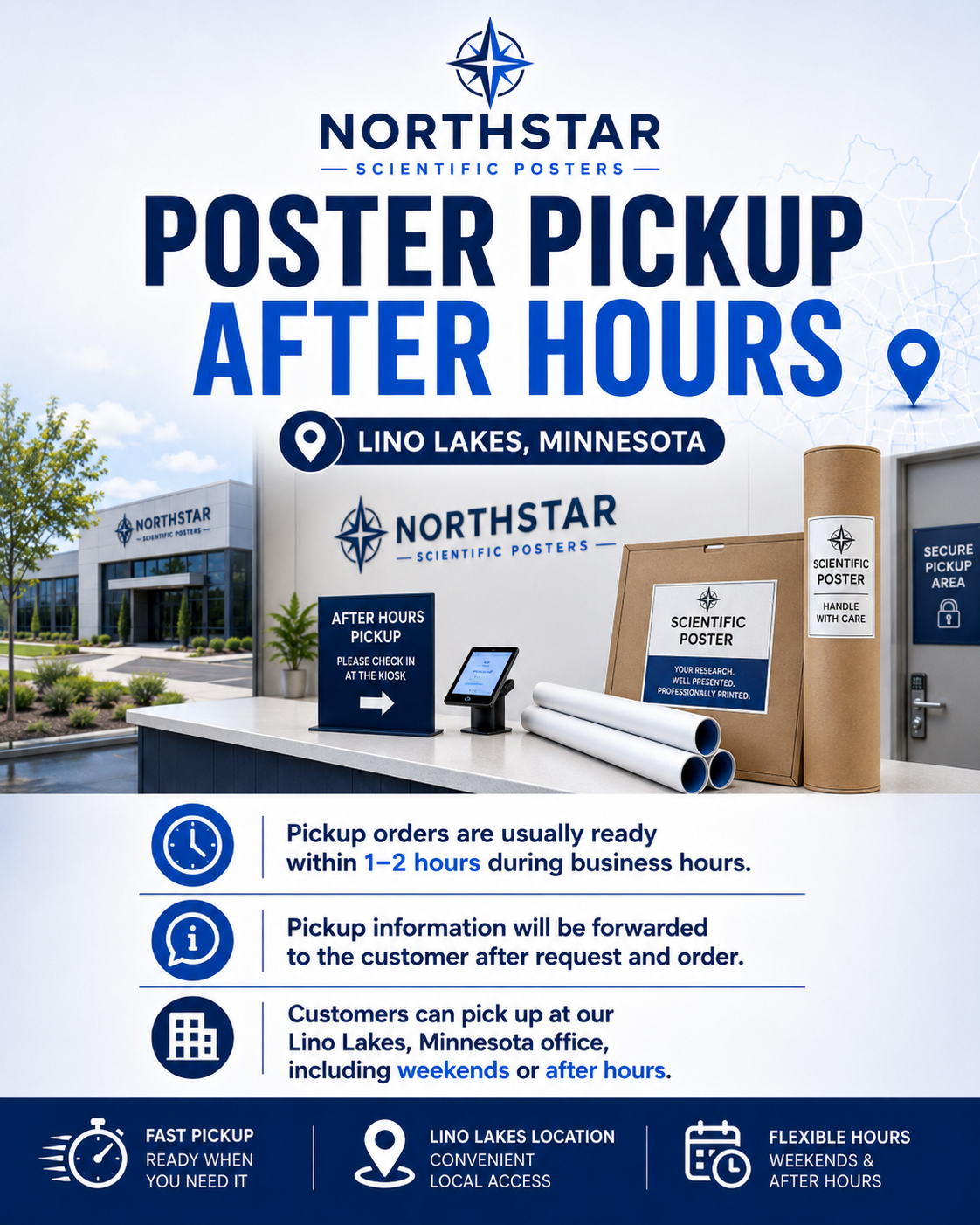 Signage and displays at Northstar Scientific Posters office in Lino Lakes, Minnesota, showing information about after-hours poster pickup, including pickup times, process, and contact details.