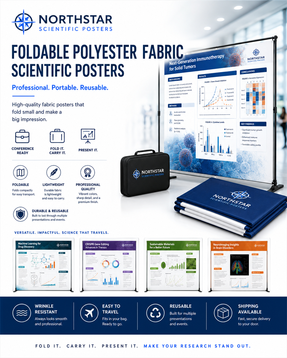 A display of Northstar scientific posters about foldable polyester fabric, highlighting features like being professional, portable, reusable, durable, and lightweight. The display includes a projector, a carrying case, folded posters, and smaller example posters on various scientific topics.