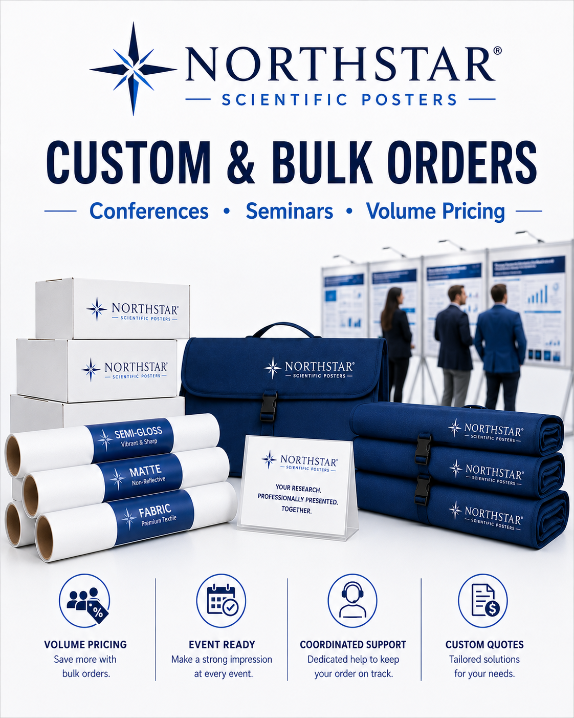 Promotion for Northstar Scientific Posters offering custom and bulk orders with displays of posters, packaging, and a promotional sign, at an event with people viewing poster presentations.