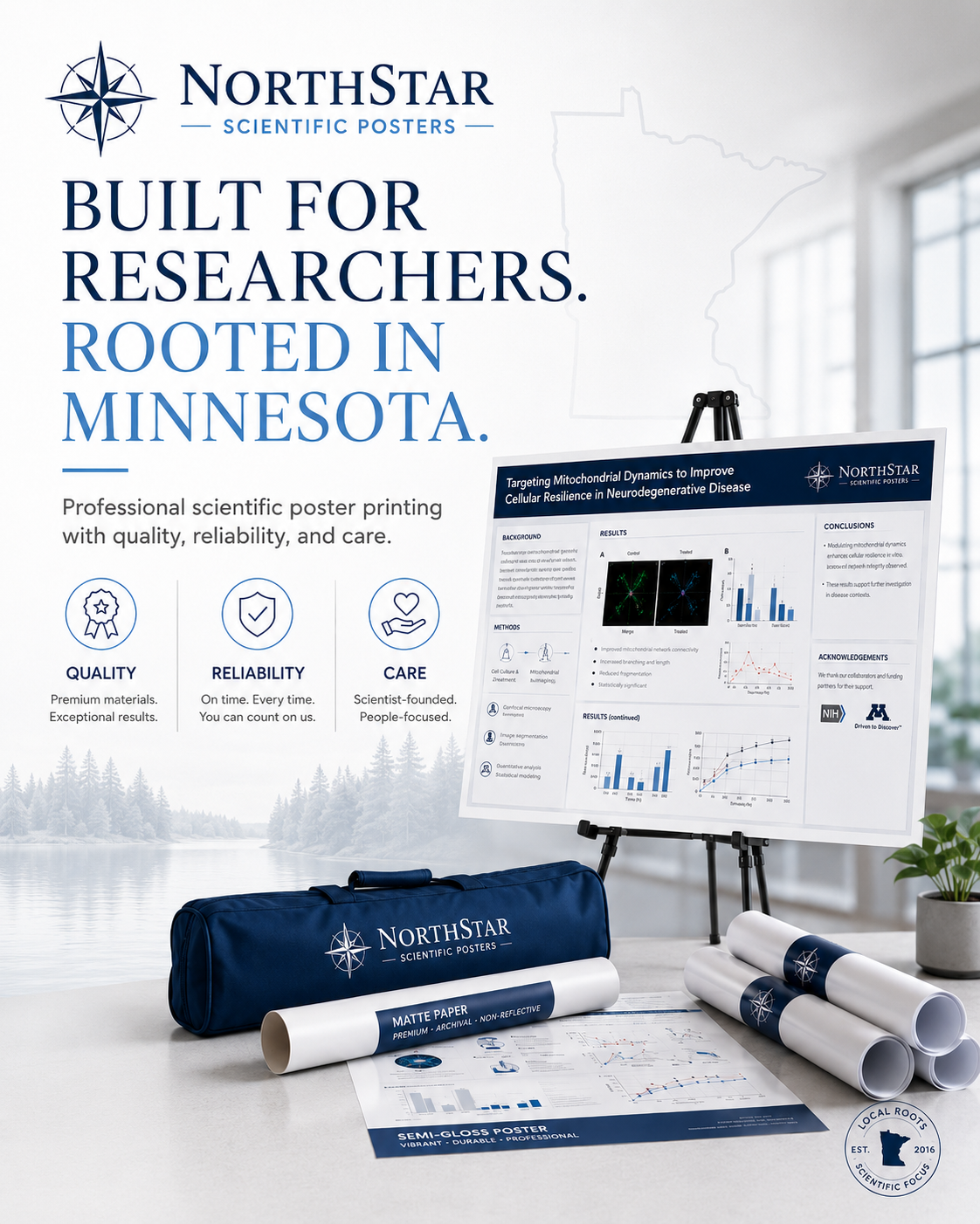 Display of NorthStar scientific posters and materials on a table, including a poster on mitochondrial dynamics research, a blue carrying case, matte paper rolls, and a folded semi-gloss poster, with a background of a bright room and window.