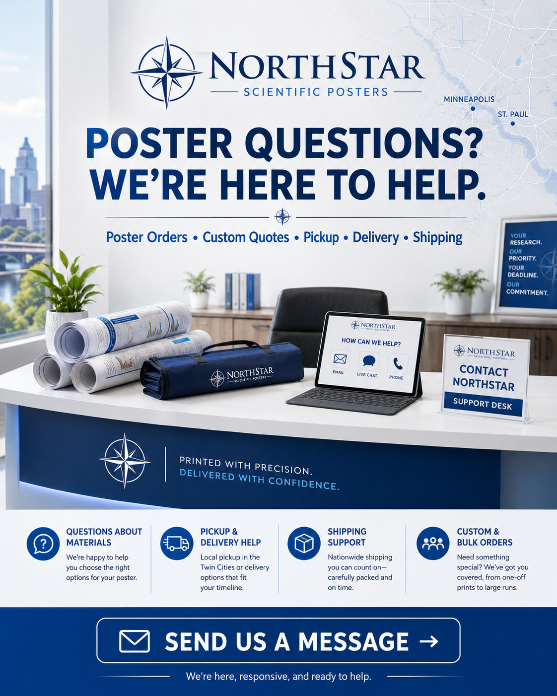Poster for NorthStar Scientific Posters with contact options, service details, and office setup.