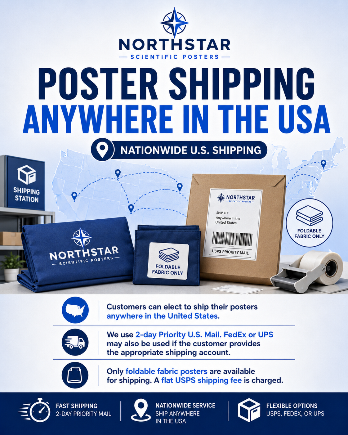 Poster advertising Northstar scientific posters shipping service across the USA. It shows boxes, a label, a tape dispenser, and a shipping station. Text highlights 2-day priority U.S. mail, nationwide service, and foldable fabric posters for shipping.