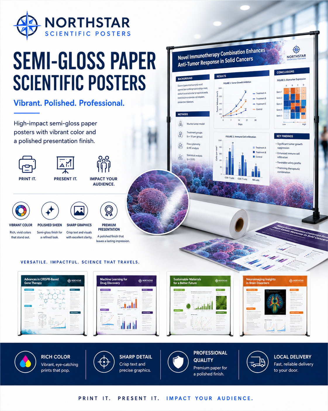 Advertisement for Northstar semi-gloss scientific posters highlighting vibrant colors, polished finish, sharp graphics, and professional quality, suitable for presenting scientific research.