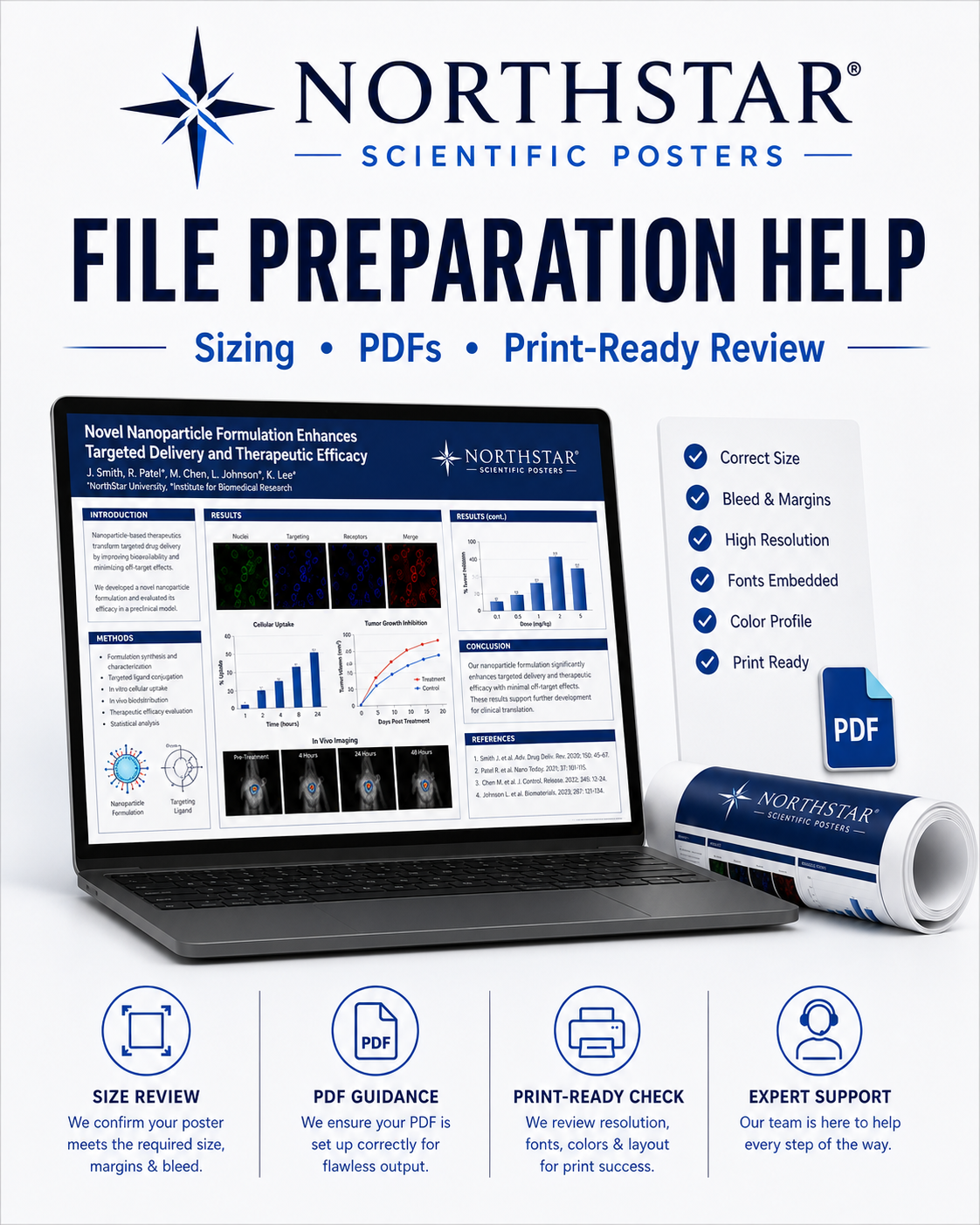 A promotional poster for Northstar Scientific Posters promoting file preparation help, including size review, PDFs, print-ready review, and expert support. The poster features a computer screen displaying scientific data and a rolled-up poster with the Northstar logo, alongside a PDF icon.
