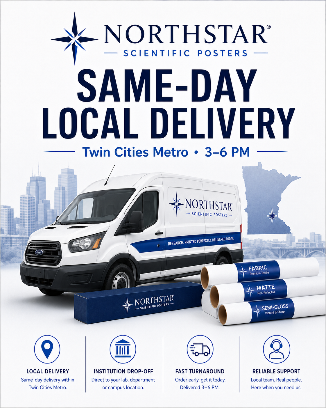Advertisement for NorthStar Scientific Posters offering same-day local delivery via van within Twin Cities Metro, with details on delivery time, institution drop-off, fast turnaround, and reliable support, featuring a white delivery van, posters, city skyline, and Minnesota map.