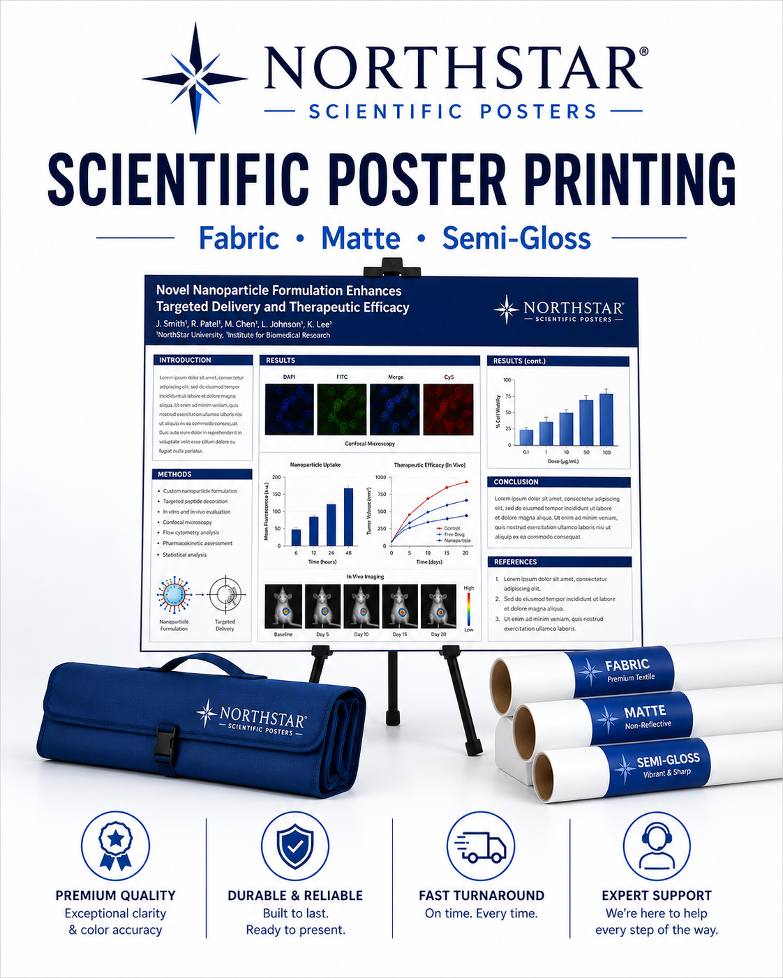 Poster advertising Northstar scientific posters and printing options, including fabric, matte, and semi-gloss finishes, with tubes and carrying case at the bottom.