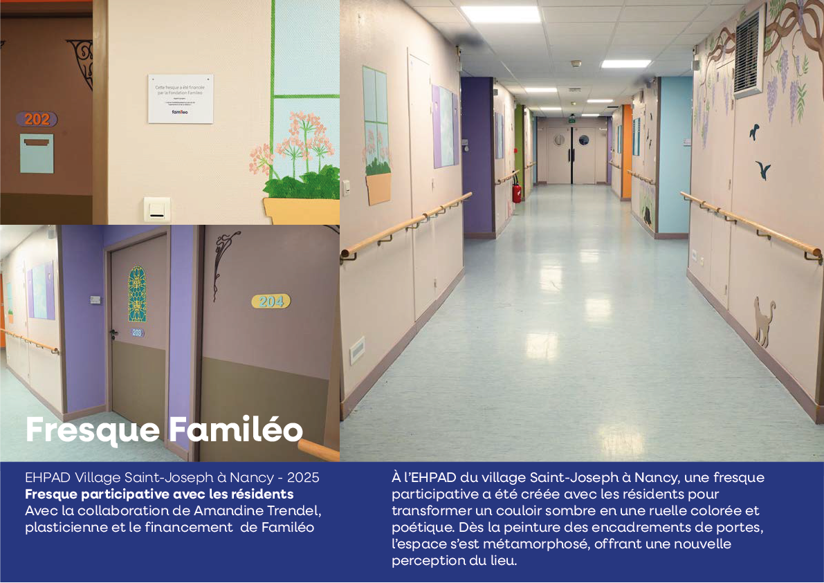 Couloir coloré dans un centre pour personnes âgées avec des peintures murales représentant des éléments naturels et de la faune, et des portes numérotées 202 et 204.