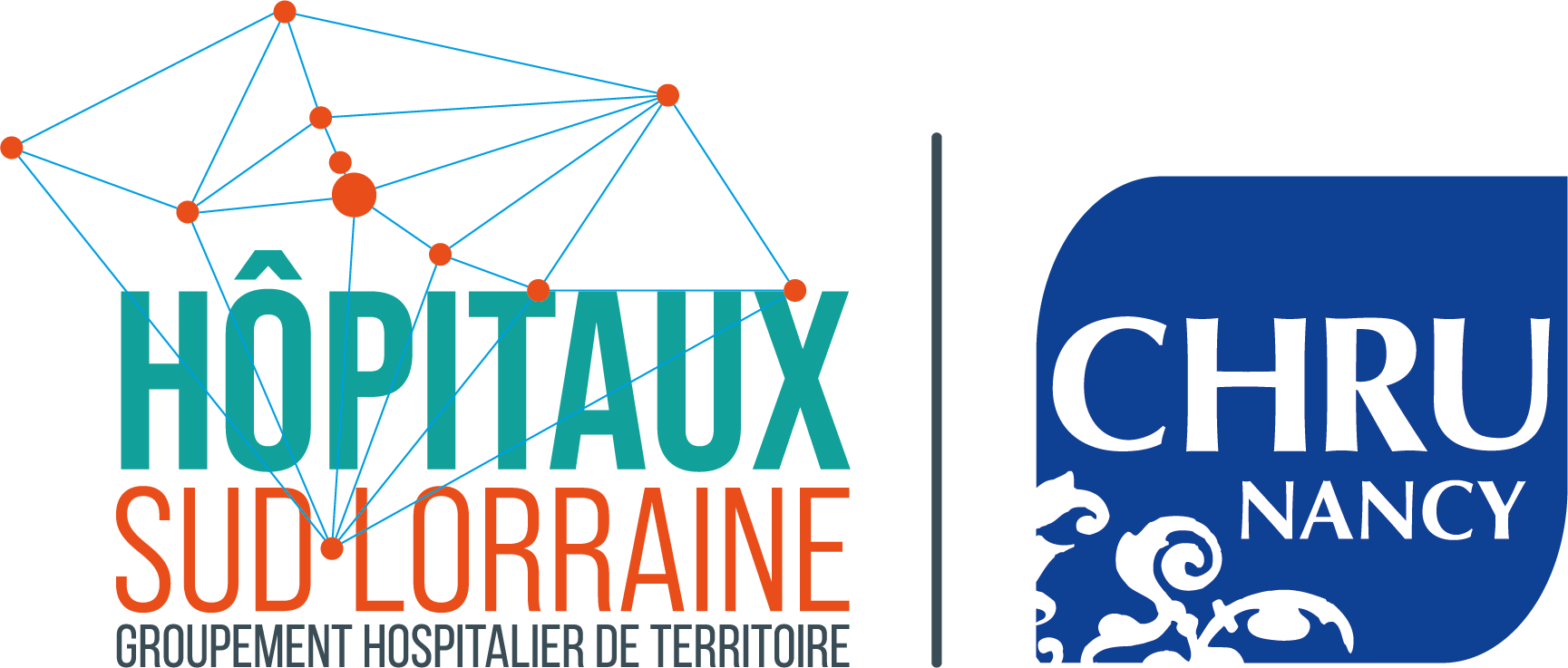 Logo du groupement hospitalier de territoire Hôpitaux Sud Lorraine, comprenant une représentation stylisée d'un réseau de connections en bleu et orange, et le texte 'HÔPITAUX SUD-LORRAINE' et 'GROUPement HOSPITALIER DE TERRITOIRE'.