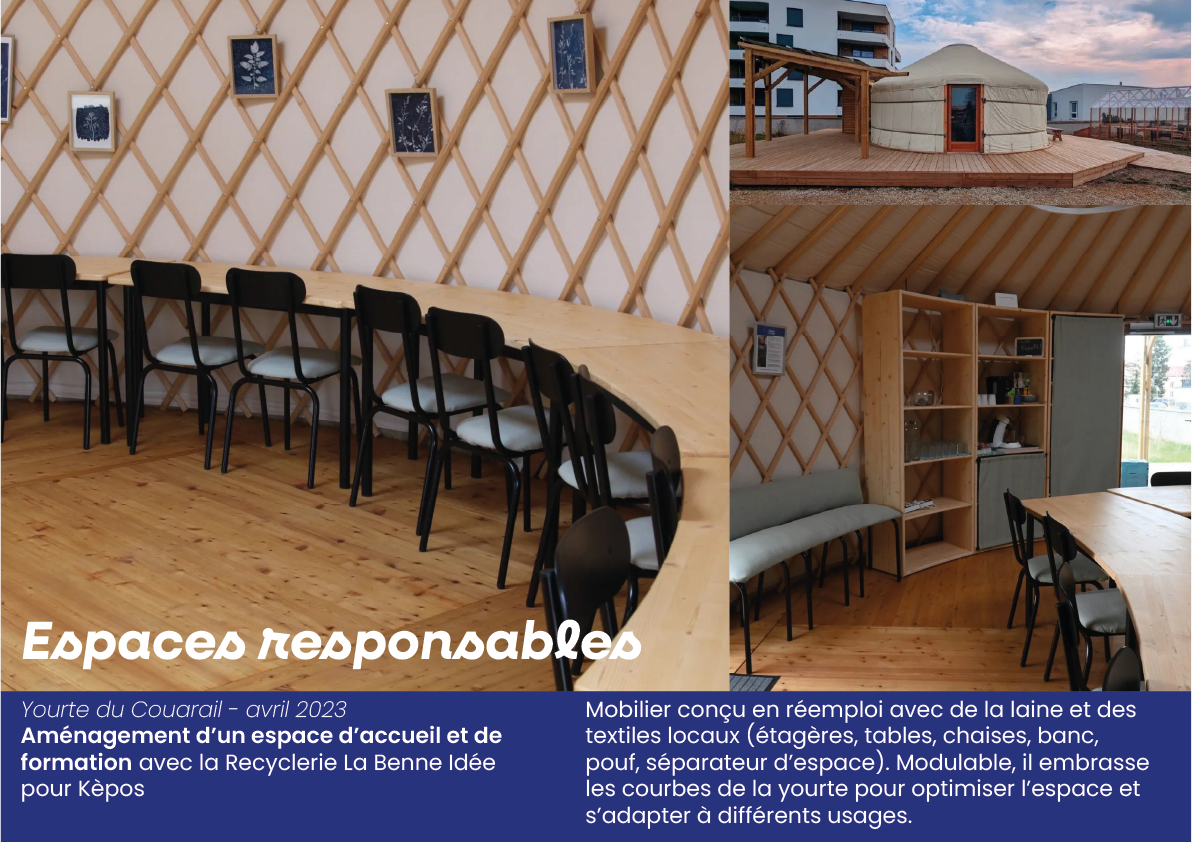 Trois images d'un espace d'accueil et de formation avec du mobilier en bois, des chaises, et une structure yurte en plein air.