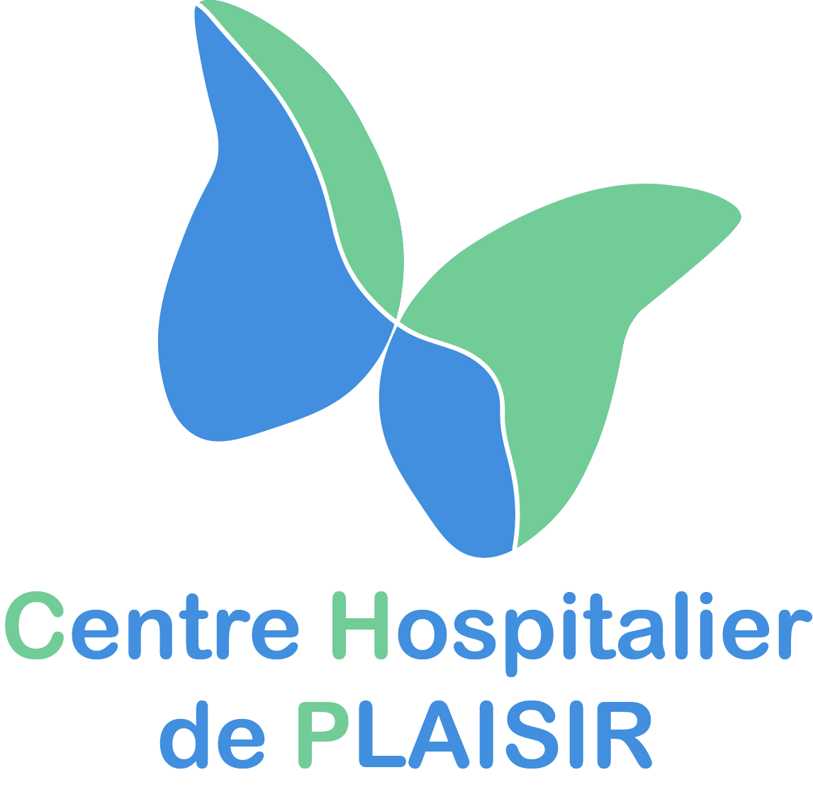 Logo avec deux ailes stylisées, une verte et une bleue, accompagnée du texte "Centre Hospitalier de Plaisir".