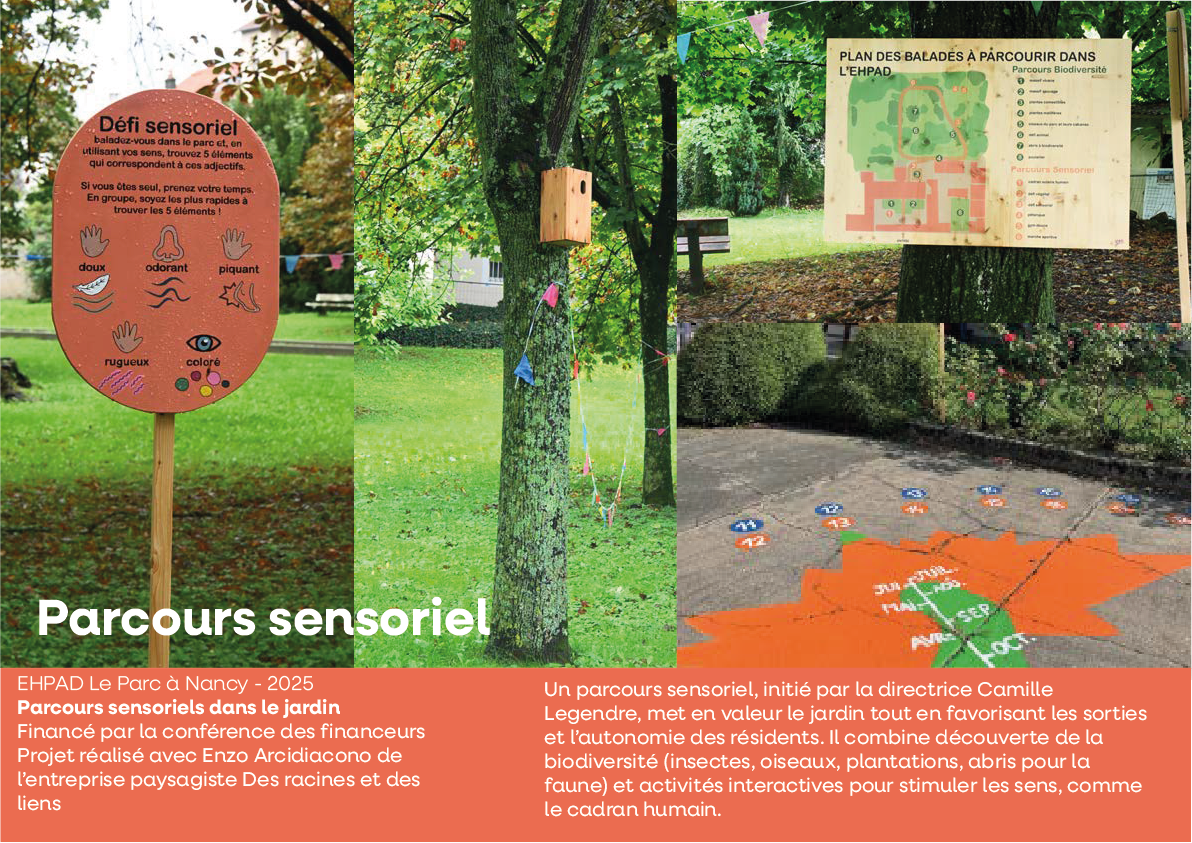 Un panneau d'information sur un parcours sensoriel dans un parc, avec un arbre muni de boîtes à insectes, un plan de parcours, et un jeu de piste avec des chiffres et des formes colorées.