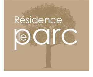 Logo avec un arbre et le texte 'Résidence le parc' sur un fond beige