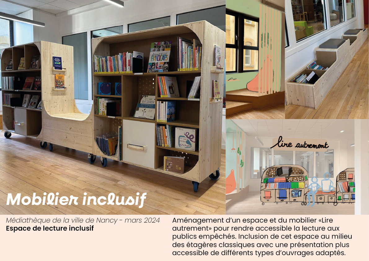 Aménagement d'un espace de lecture inclusif avec des étagères sur roulettes en bois, une grande ouverture, des fenêtres, un mur peint avec des illustrations, et un mobilier permettant la lecture pour tous, y compris des personnes empêchées.