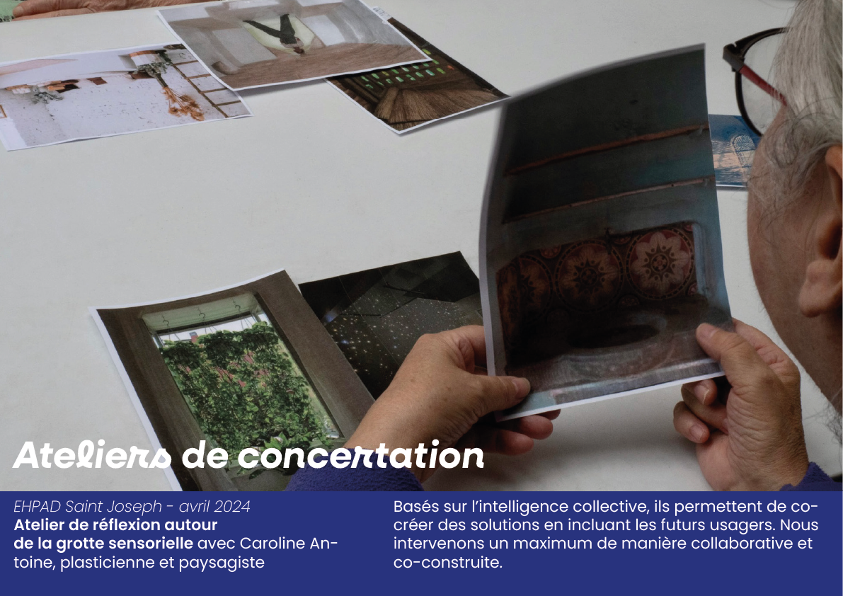 Une personne regarde des photos ou des images imprimées sur une table blanche, participant à un atelier de réflexion sur la grotte sensorielle à l'EHPAD Saint Joseph en avril 2024.