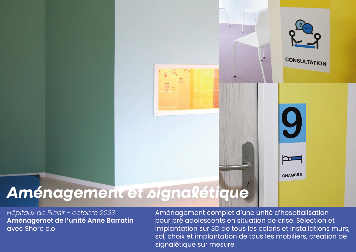 Photo d'une salle d'hôpital avec un mur vert et une porte numérotée 9 pour la chambre. Il y a une affiche avec le mot "Consultation" et une illustration de deux personnes discutant. La légende mentionne l'aménagement d'une unité d'hospitalisation pou