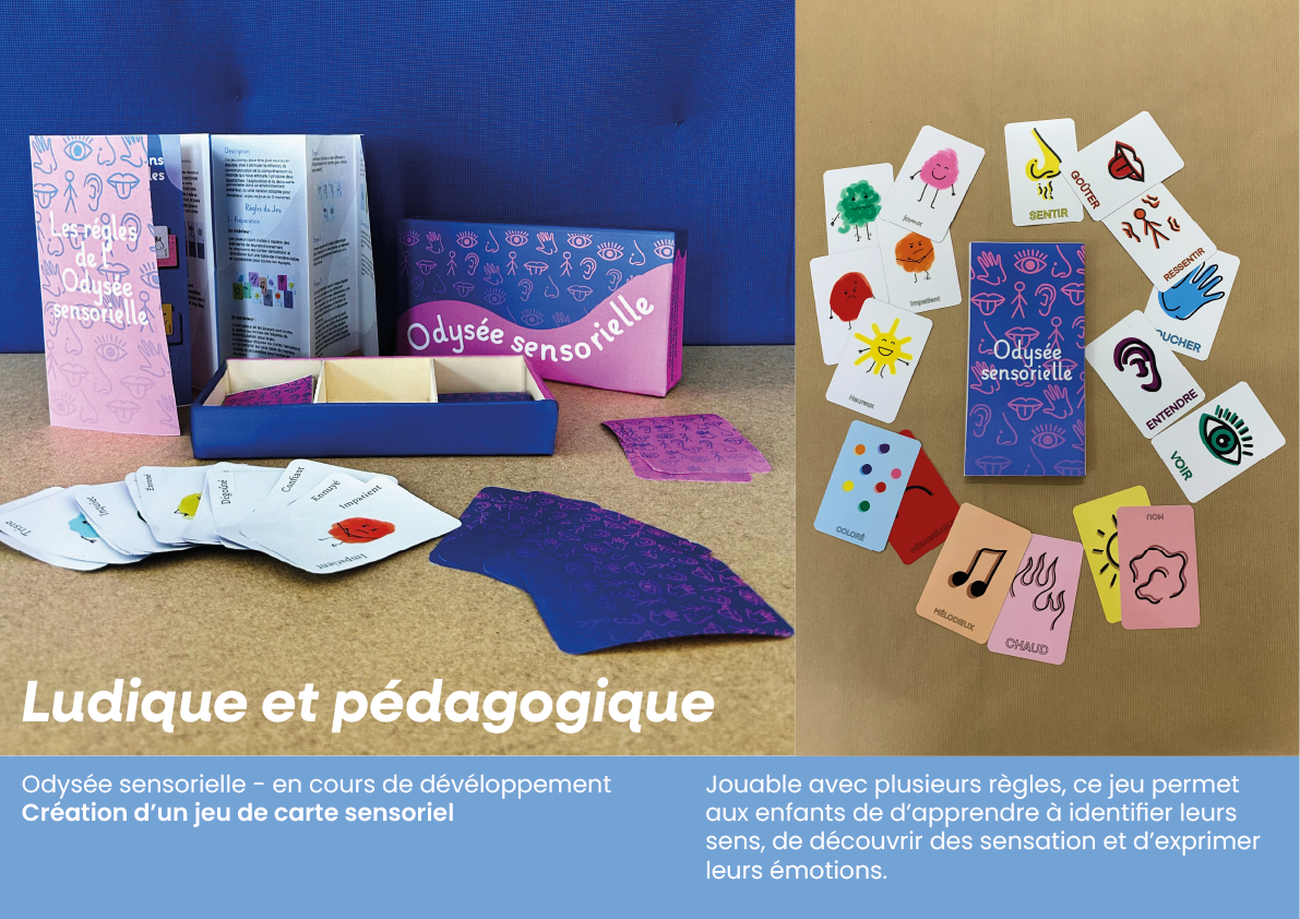 Jeu éducatif sensoriel avec cartes illustrant des émotions et des sensations, matériel pédagogique, et affiches expliquant les règles.