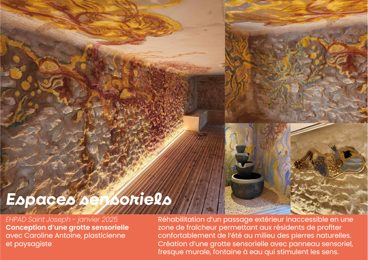 Conception d'une grotte sensorielle avec des parois peintes ressemblant à des rochers et des éléments artistiques en relief, une fontaine à eau, et un décor intérieur inspiré des formes naturelles.