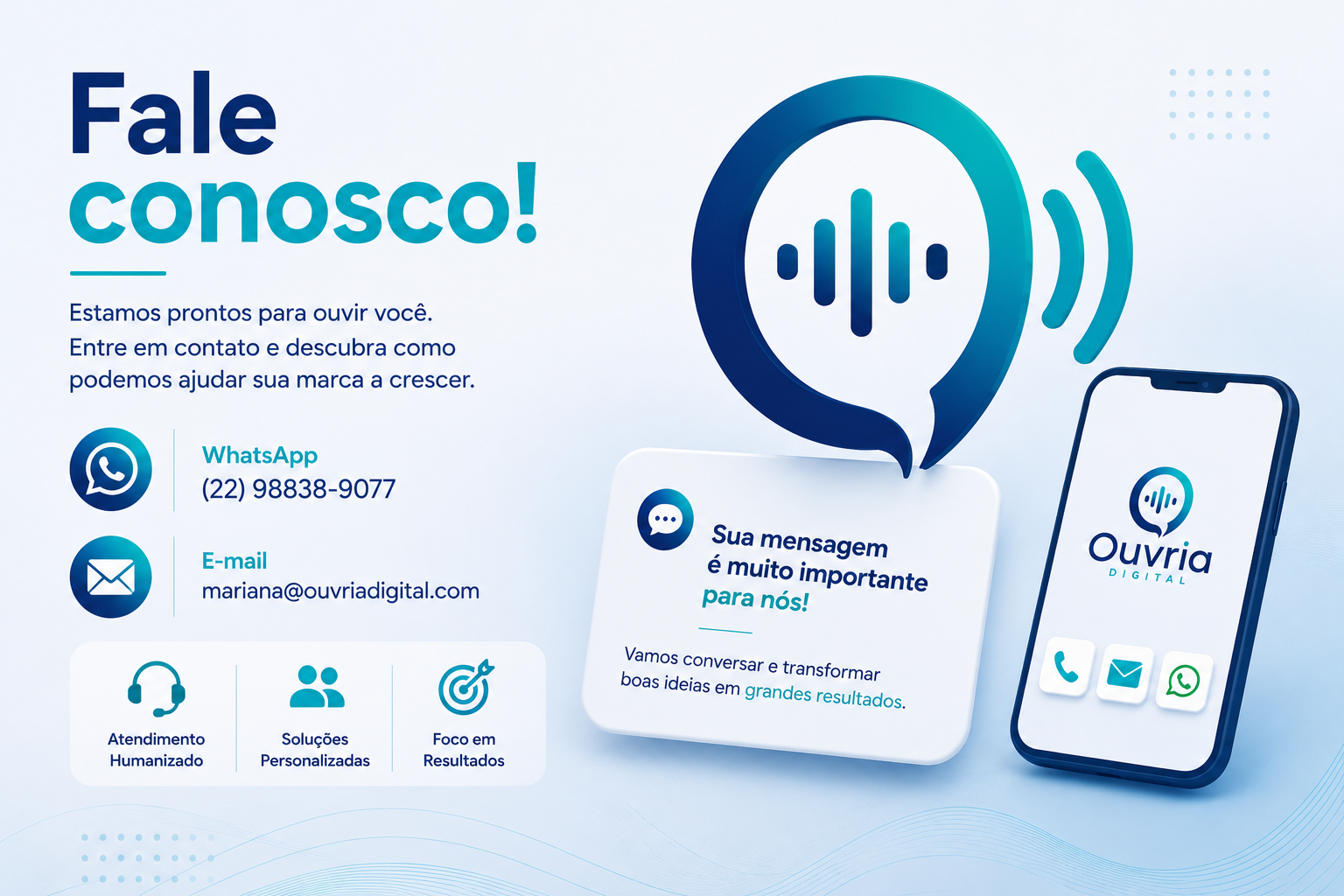Imagem de uma campanha de apresentação de uma empresa de digital, com texto em português convidando a entrar em contato via WhatsApp ou email. Inclui um telefone de WhatsApp, um endereço de email, ícones de atendimento ao cliente, soluções personalizadas e foco em resultados, além de uma simulação de aplicativo móvel com o logo da empresa e ícones de telefone, email e WhatsApp.