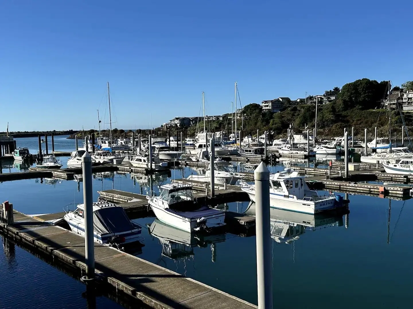 Marina with numerous boats docked, calm water reflecting the boats, houses on hillside in the background, clear blue sky.