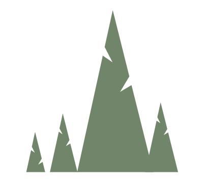 Stylized mountain range with several peaks and surrounding smaller mountains or trees, in a minimalist, geometric style.