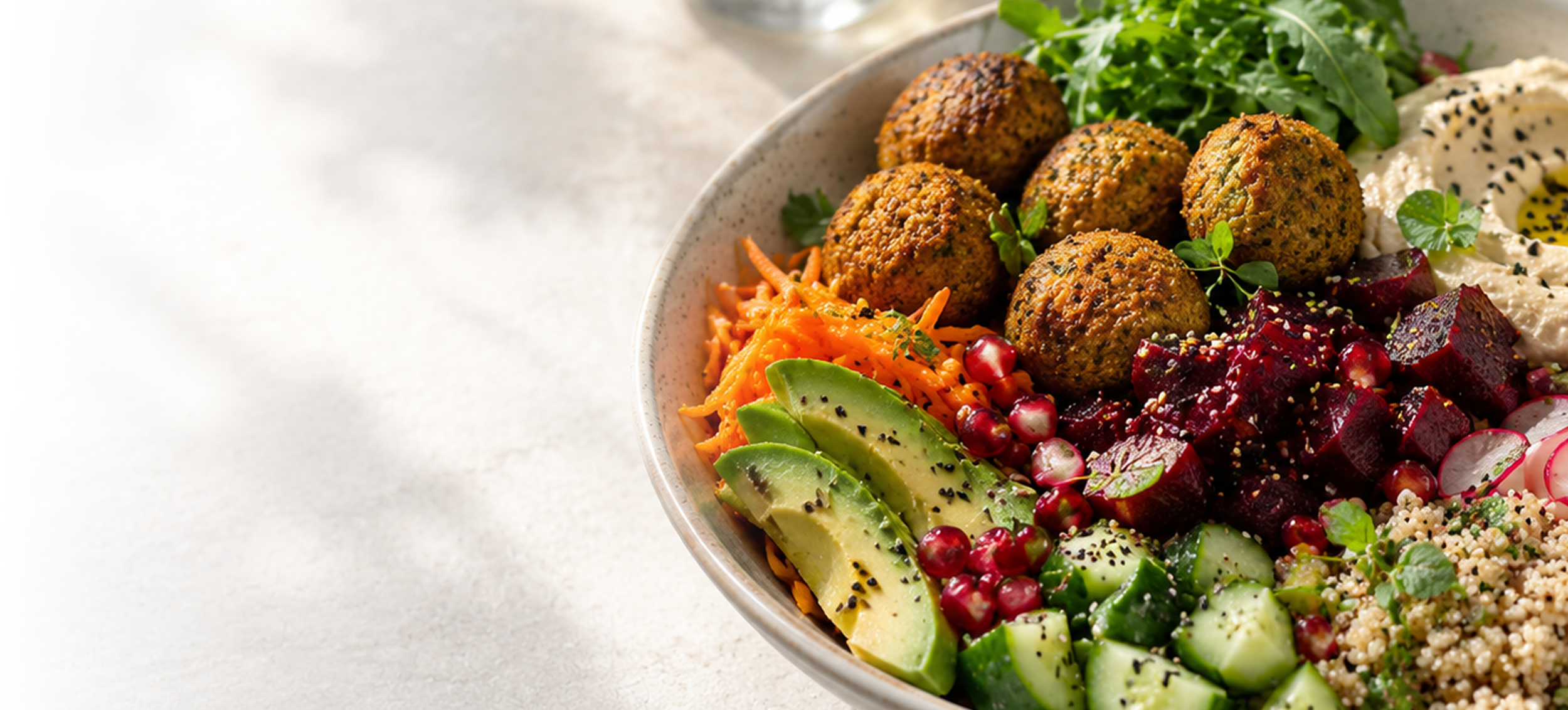 Bowl mit Falafel, Avocado, Karotten, roter Beete, Rucola, Hummus, Granatapfelkernen und Quinoa-Salat, serviert auf hellem Marmor.