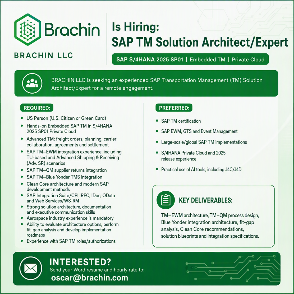 SAP TM Solution Architect/Expert – S/4HANA Transportation Management