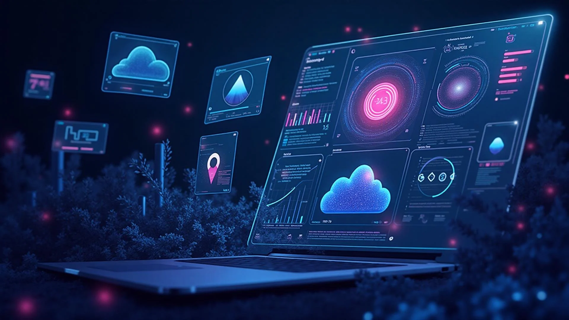 A futuristic digital display with cloud storage icons, graphs, and data visualizations projecting from a laptop, set against a dark outdoor background with plants.