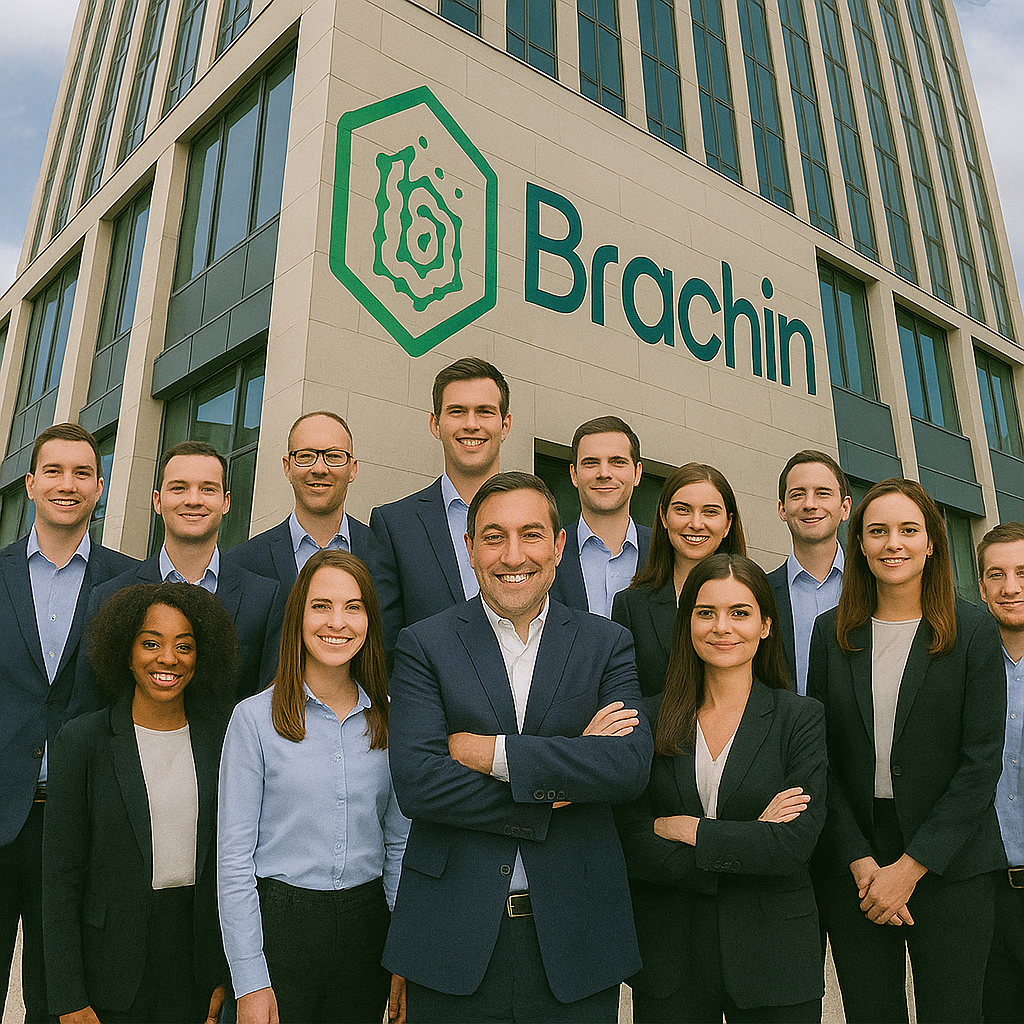 The BRACHIN LLC team standing in front of a building with the 'Bachin' logo.