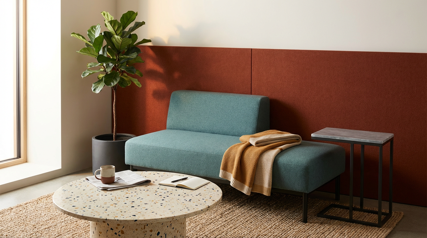 A living room corner with a teal sofa, a large potted plant, a terrazzo coffee table with a coffee mug, a newspaper, and a notebook, a throw blanket, and a side table against a wall with a red accent panel.