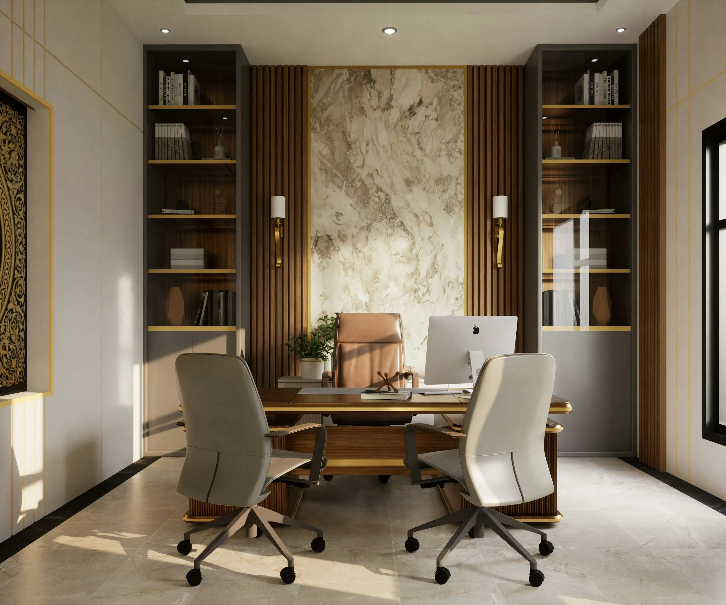 Modern executive office with a wooden desk, white ergonomic chairs, built-in wooden bookshelves, and a marble accent wall with wall-mounted lamps.