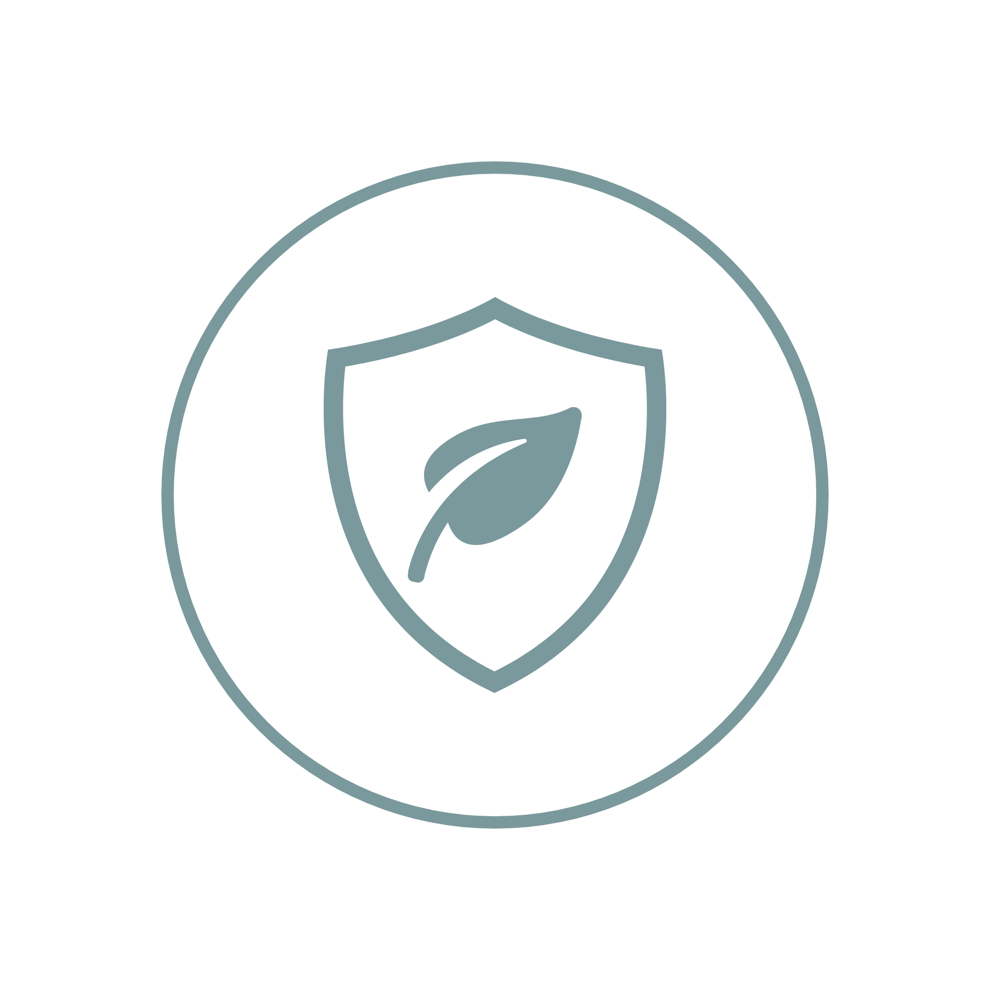 Minimalist illustration of a leaf in front of a shield, encompassed by a large circle.