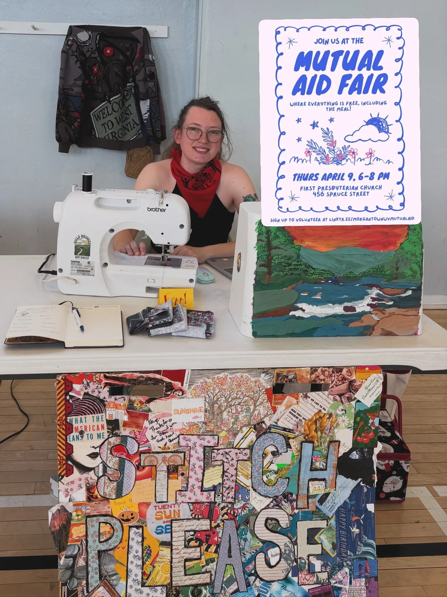 Paige Reiring sits behind a sewing machine and a sign for Stitch, Please!, which provides free clothing repair.