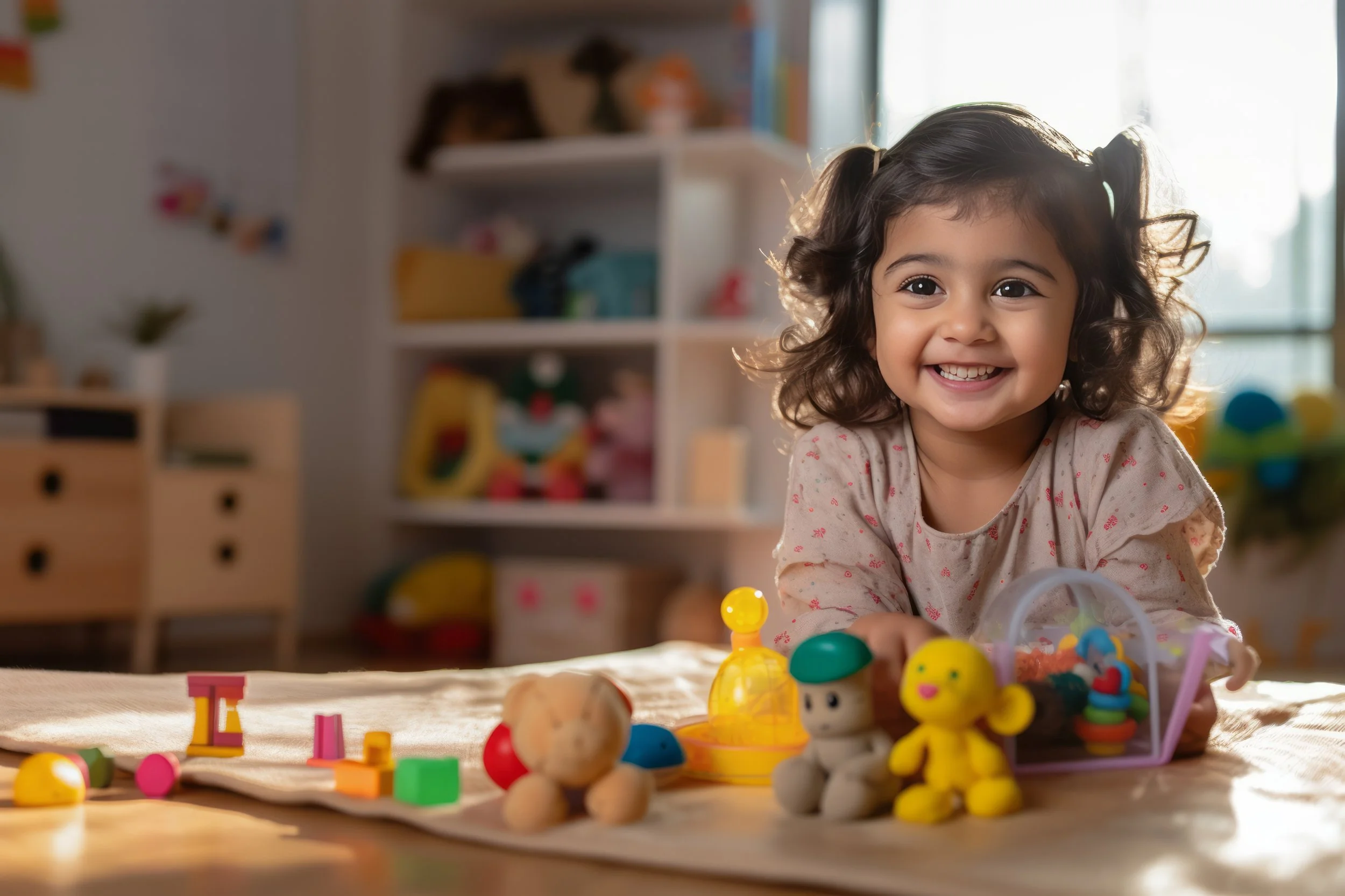 Smiling young girl playing with colorful toys on a table in a bright room, during in-home speech therapy for kids in Olathe, KS