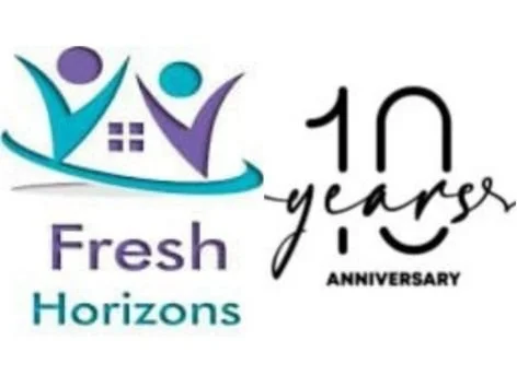 Graphic celebrating Fresh Horizons 10th anniversary with stylized figures and text.