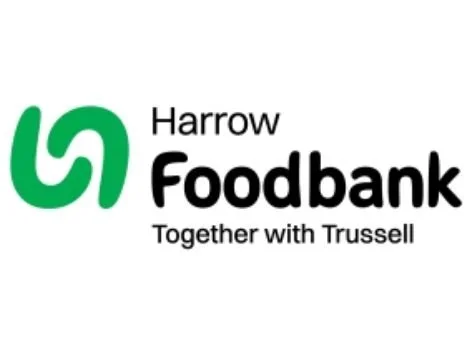 Harrow Foodbank logo with a green abstract symbol, black text, and a tagline 'Together with Trussell'.