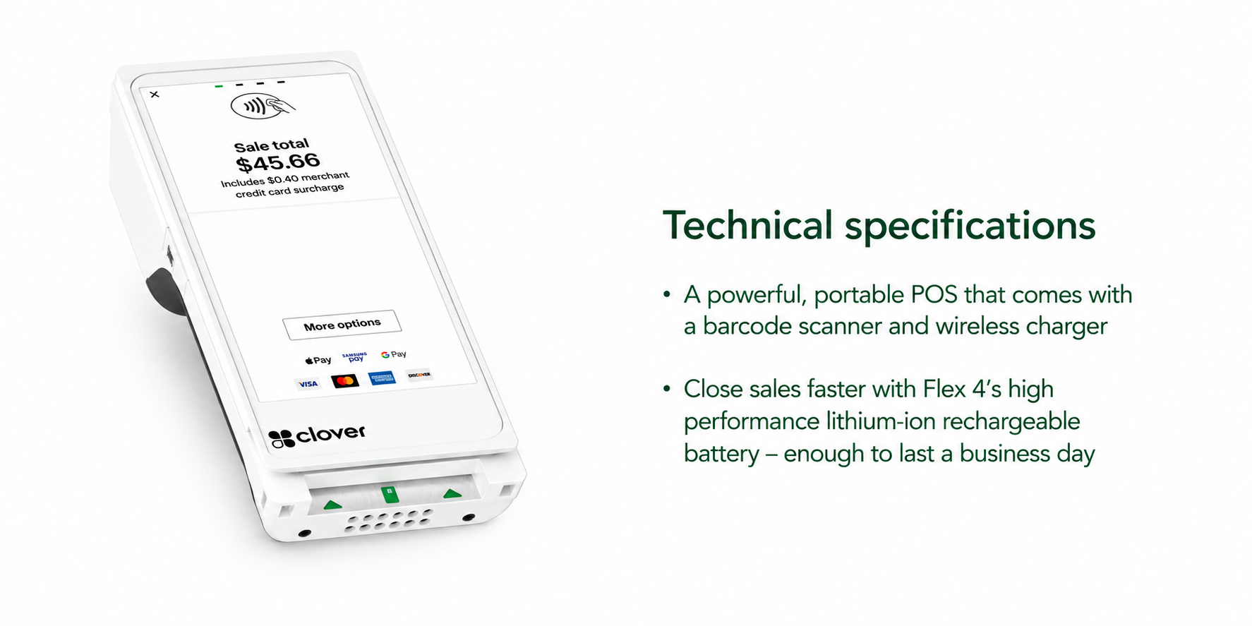 A portable POS device with a screen displaying a total sale of $45.66, including a barcode scanner and wireless charger, with payment options for Apple Pay, Google Pay, Samsung Pay, Visa, Mastercard, and Discover. To the right, green text outlines the device's technical specifications, emphasizing its barcode scanner, wireless charger, lithium-ion battery, and high performance.