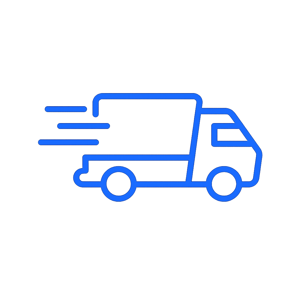 A neon blue line drawing of a delivery truck with motion lines indicating speed.