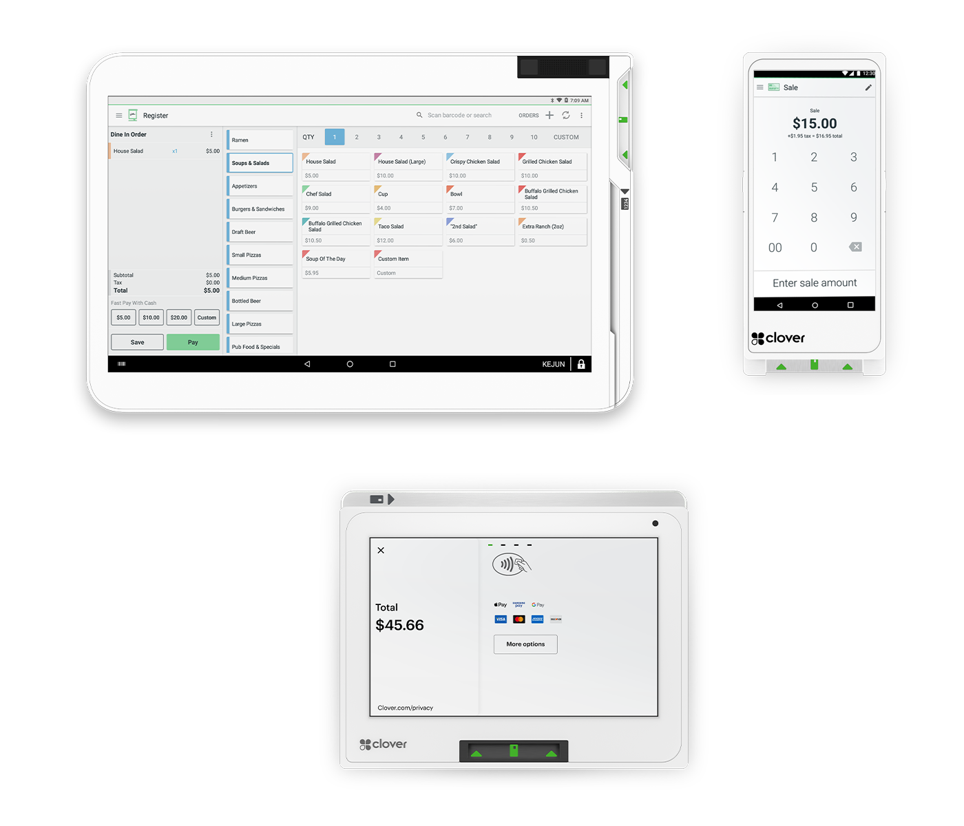 A screenshot of a restaurant point-of-sale system displaying an order with various food items, a digital cash register showing a sale of $15.00, and a mobile payment terminal processing a payment of $45.66 with contactless payment options.