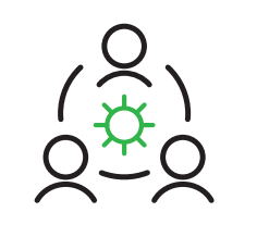 An illustration of three people around a circle, with a virus symbol in the center, representing social distancing or virus awareness