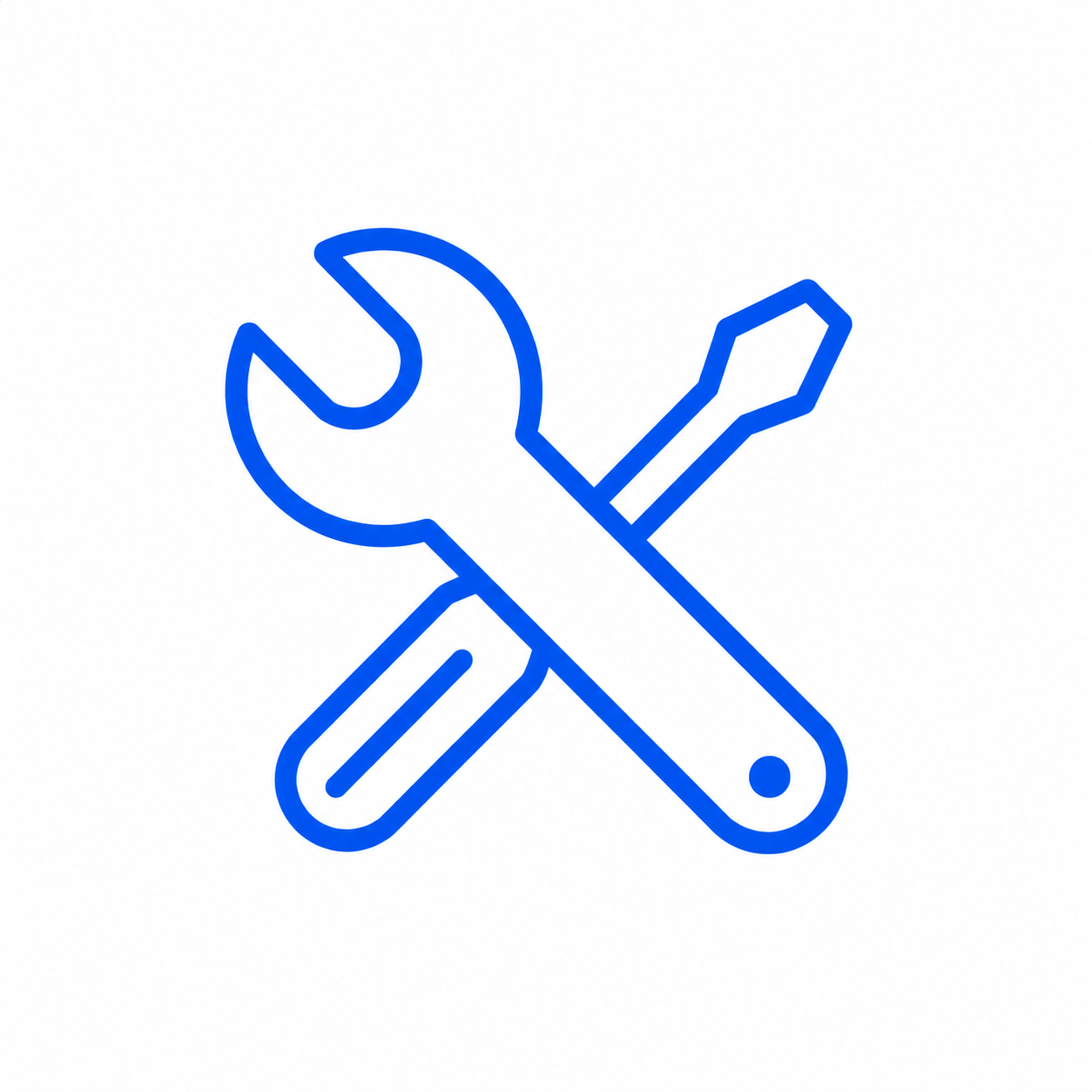 Blue outline icon of a wrench and a screwdriver crossed over each other.