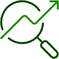 Magnifying glass over an upward trending stock or growth graph.
