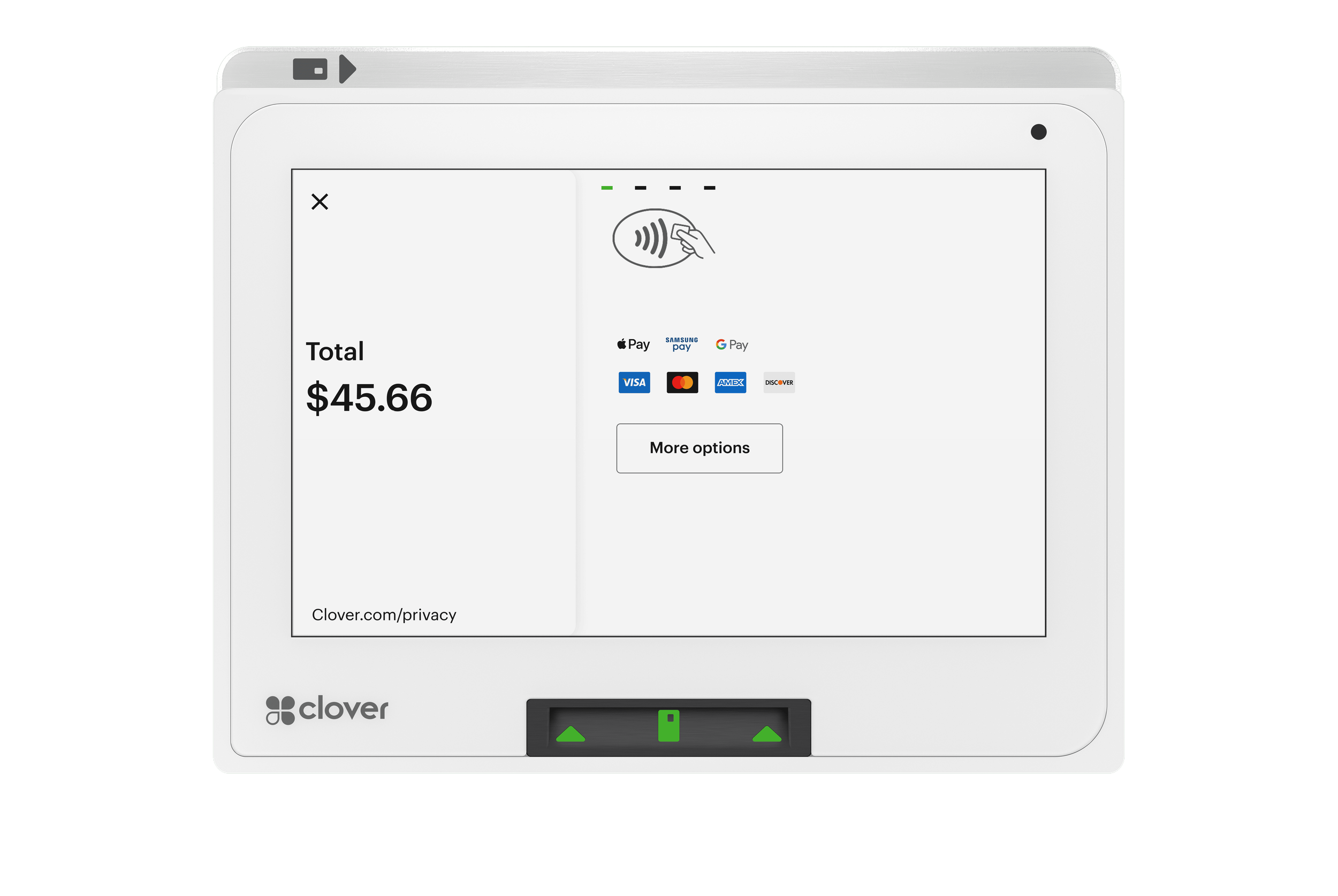 Close-up of a mobile payment screen showing a total of $45.66, with icons for different payment methods including Apple Pay, Samsung Pay, Google Pay, Visa, Mastercard, American Express, and Discover, and a contactless payment symbol at the top.