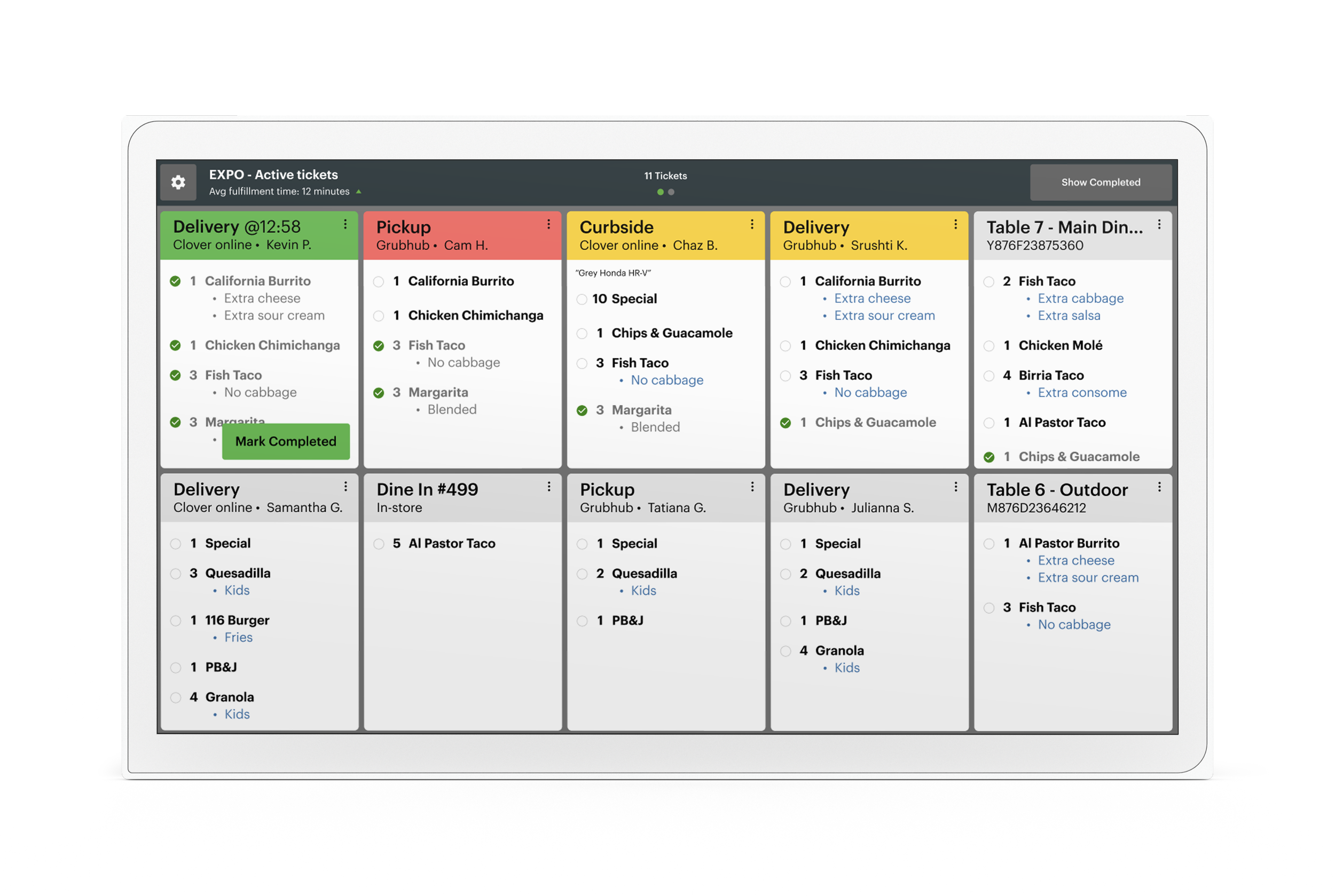 Screenshot of a digital restaurant order management screen with multiple tabs and categories for different types of food orders, including delivery, pickup, curbside, and dining in, showing lists of food items and special instructions.