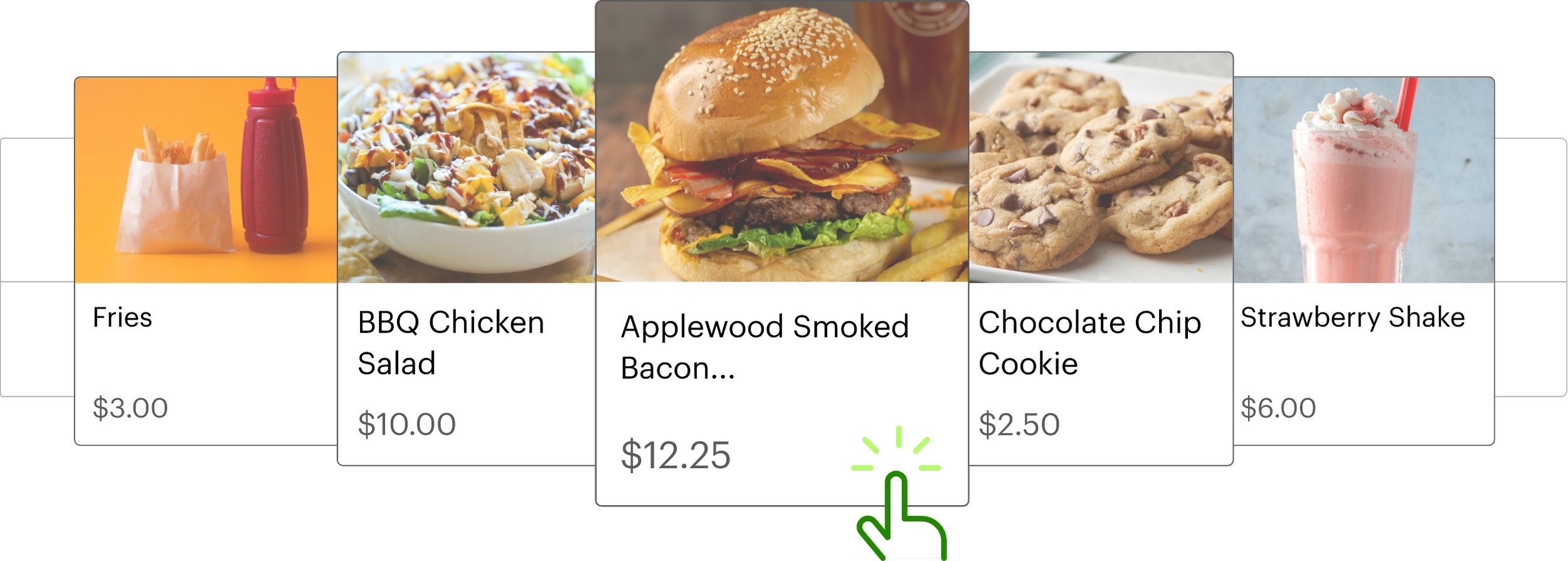 A digital menu display showing food options including fries, BBQ chicken salad, applewood smoked bacon burger, chocolate chip cookies, and a strawberry shake with prices.