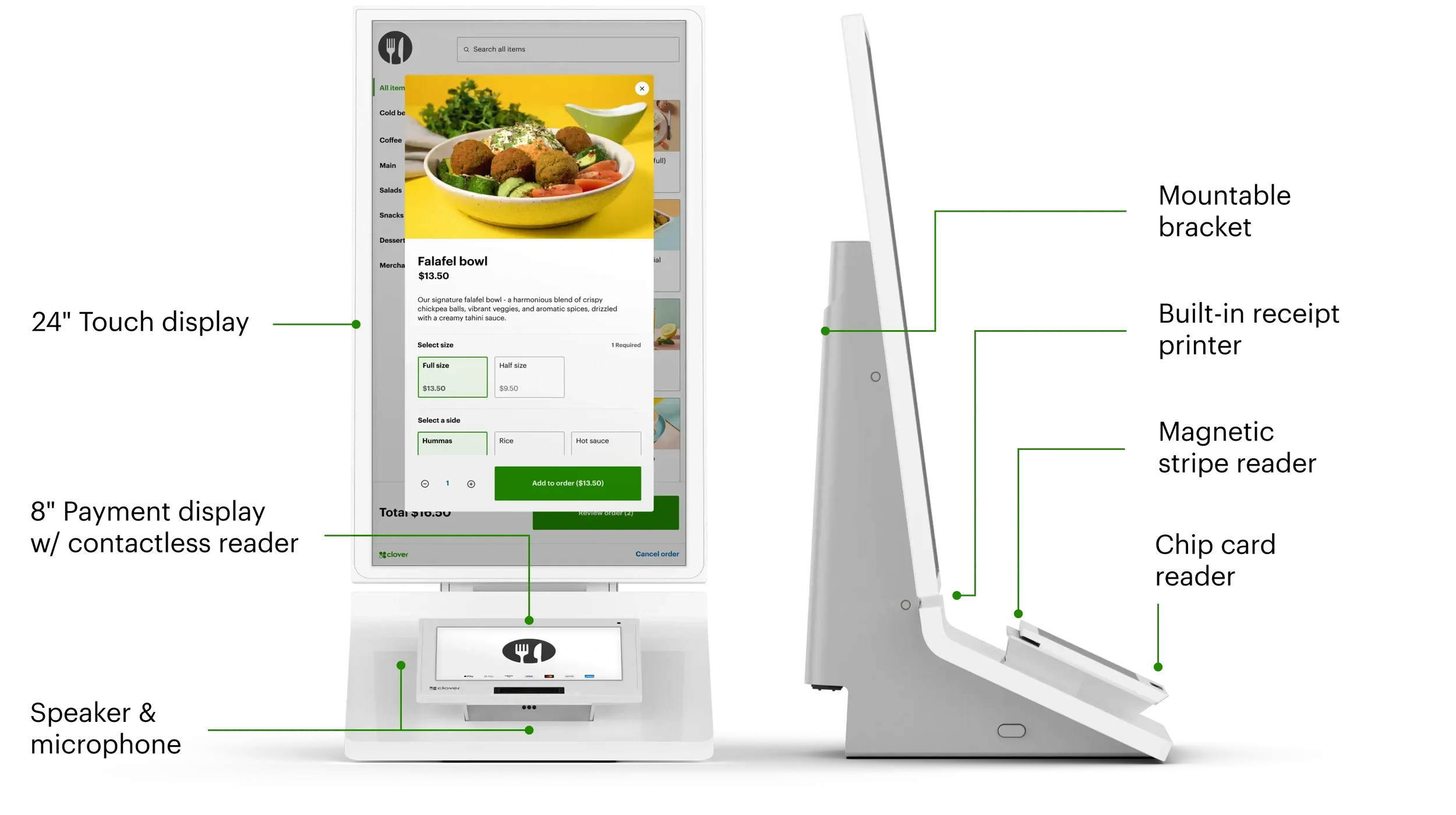 A touchscreen ordering kiosk displaying a falafel bowl for $13.50 with options to select size and sides, including hummus, rice, and hot sauce. The screen shows an image of a falafel bowl with falafel balls, vegetables, and sauce, and a green 'Add to order' button at the bottom.